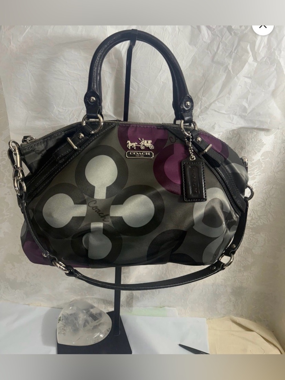 Coach Op Art Clover Satchel Gray Plum Shoulder Bag Year 2010 (#15946) EUC